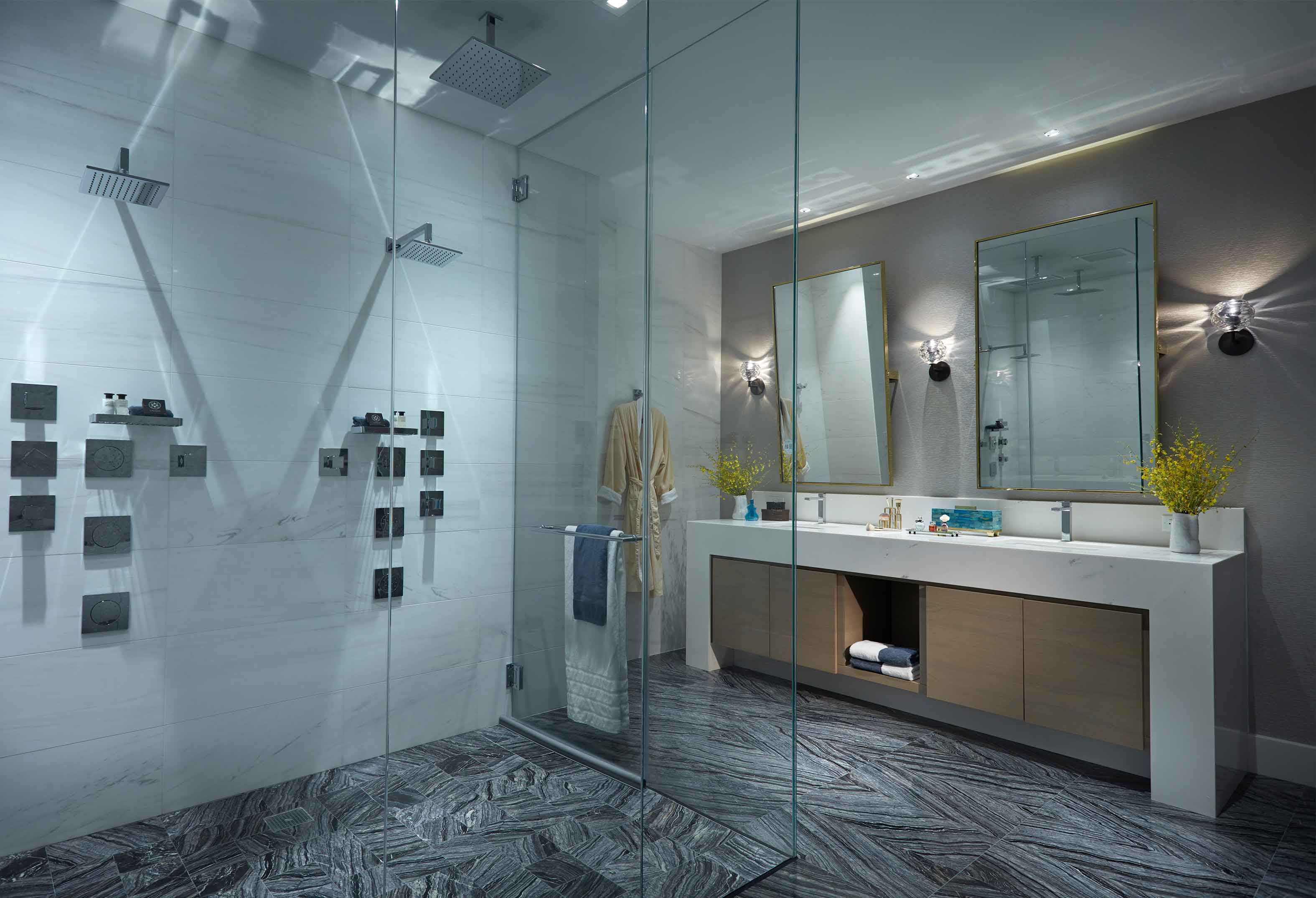 Presidential Suite bathroom with two mirrors, two sinks and two showers at Seminole Hard Rock Hotel Hollywood